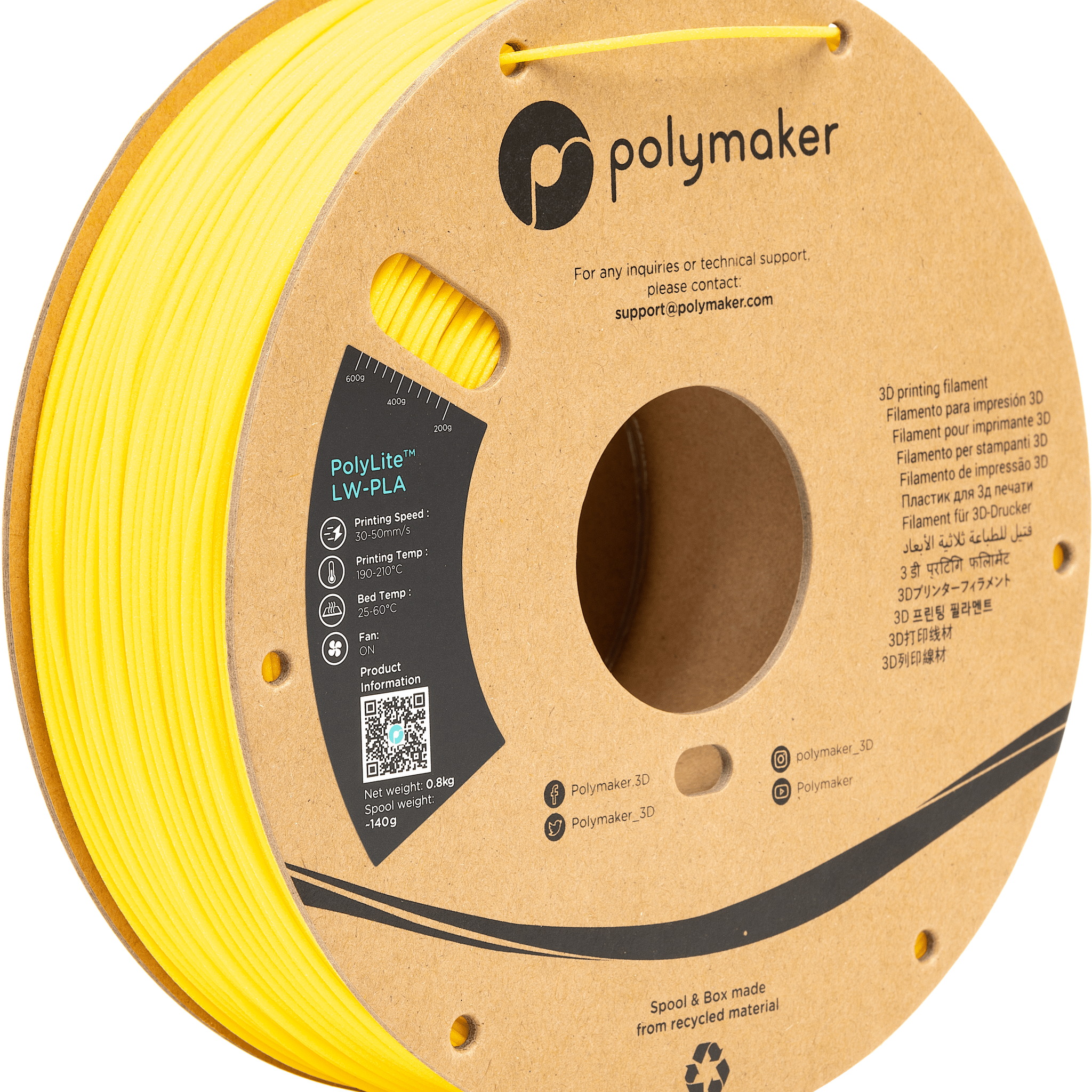 Polymaker - Polylite LW-PLA - Bright Yellow - 1.75mm - 800g