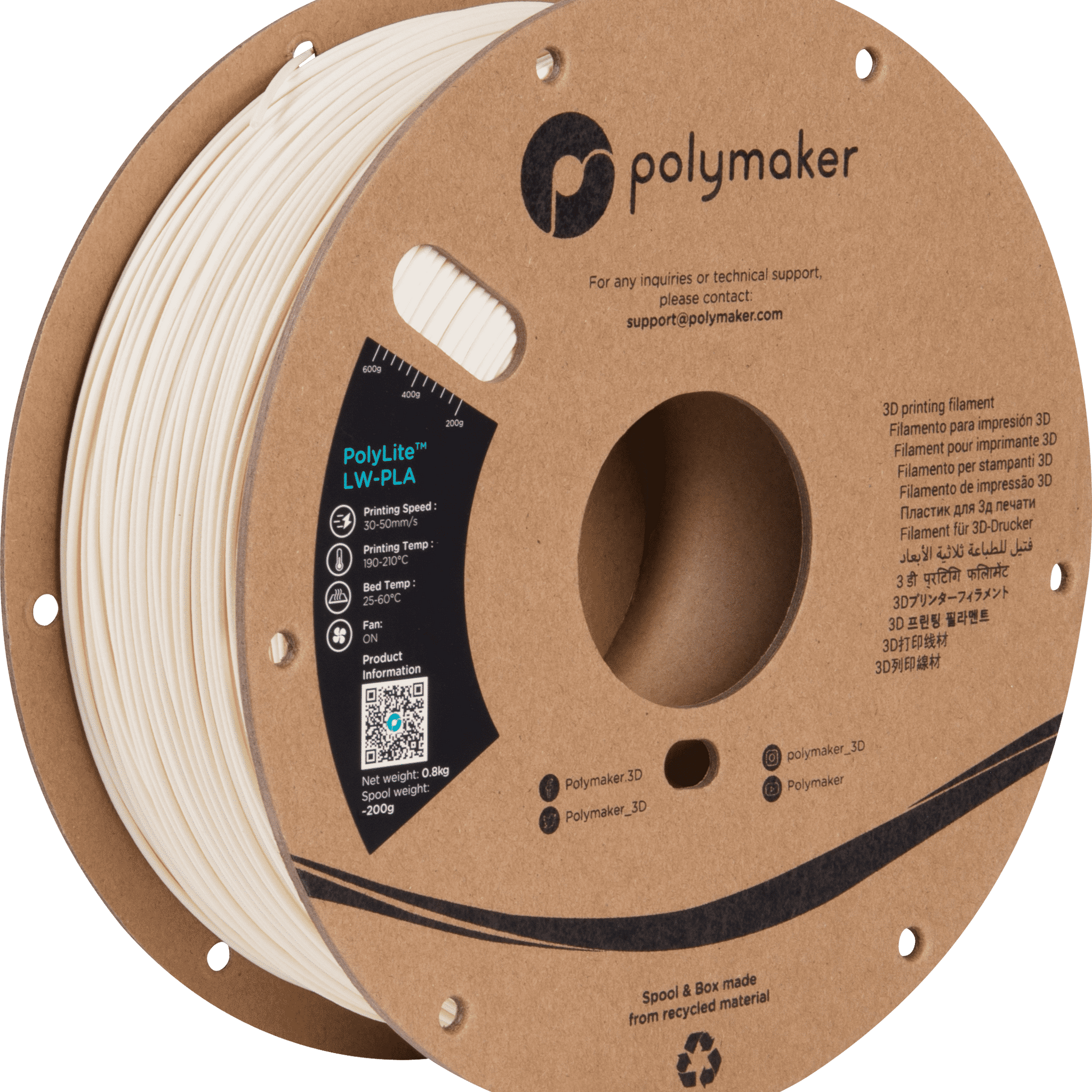 Polymaker - Polylite LW-PLA - White - 1.75mm - 800g