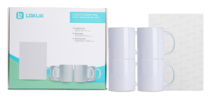 LOKLIK - Paket - Startpaket för automatisk tumblervärmepress - 4x sublimeringsmuggar - 325 ml + sublimeringspapper - 120g - 20 st